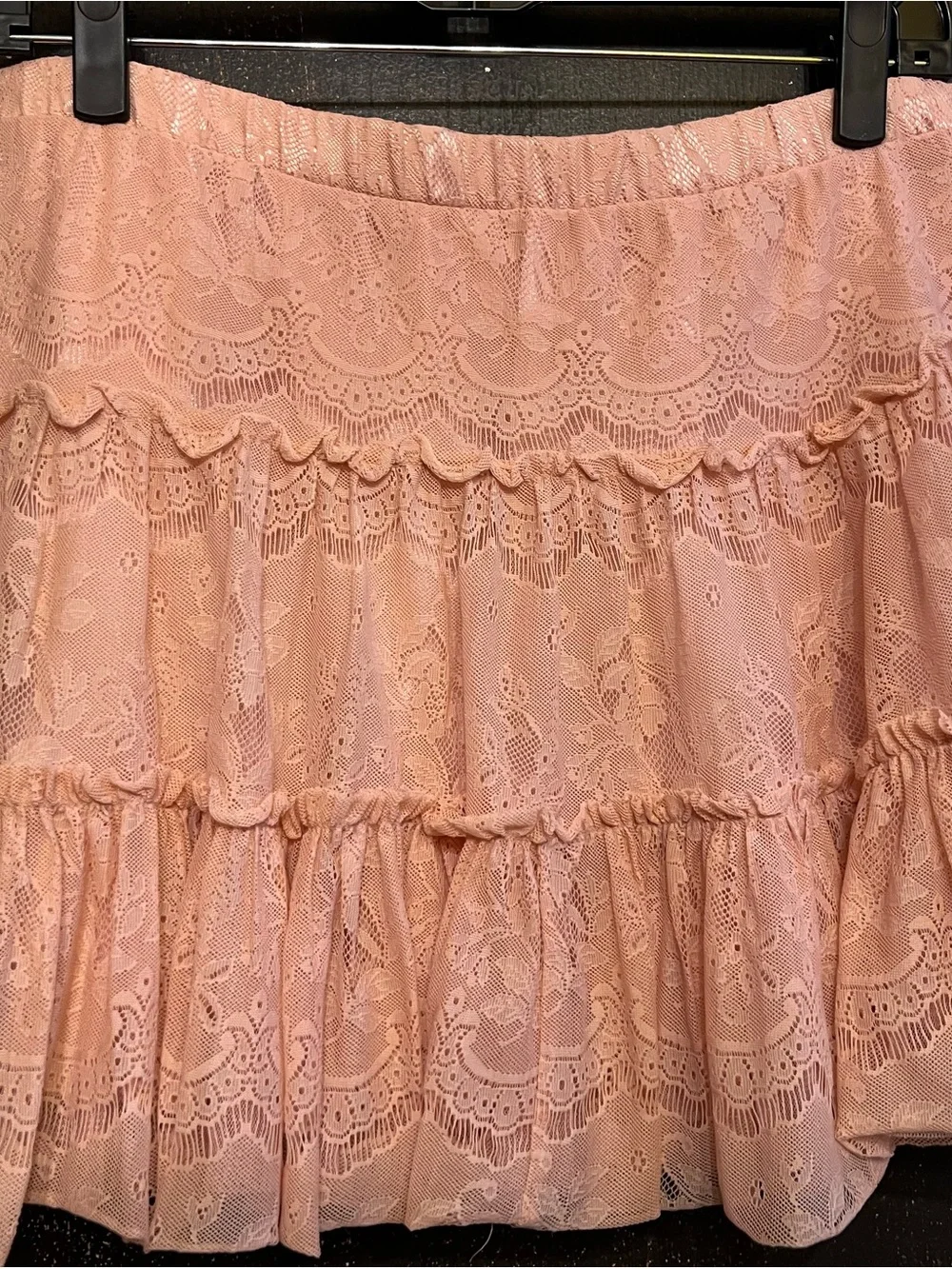 Vtg Candie's Pink Lace Tiered Ruffle Mini Skirt